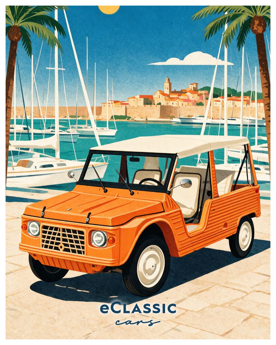 Méhari orange sur le port d'Antibes, voiliers et remparts