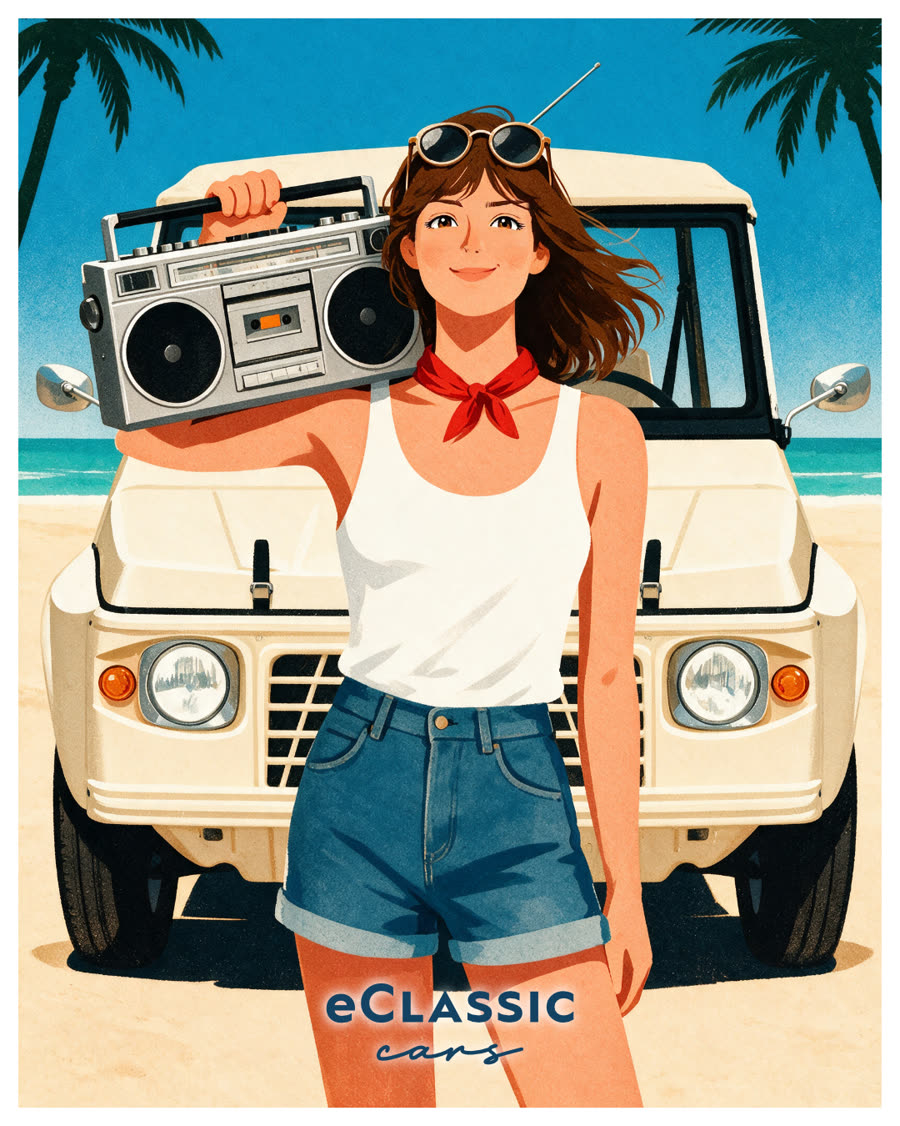 Une jeune femme portant un radiocassette devant une Méhari blanche
