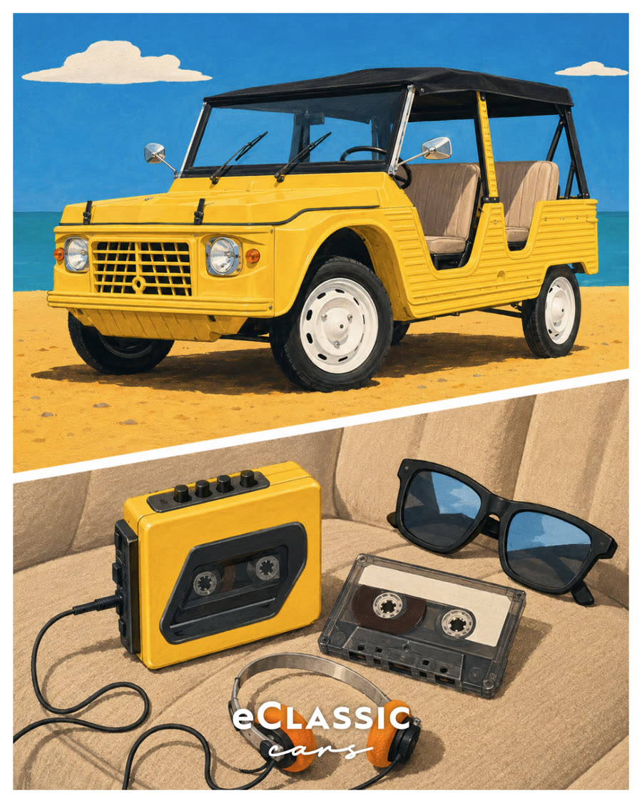 Méhari jaune sur la plage, un walkman et des lunettes de soleil